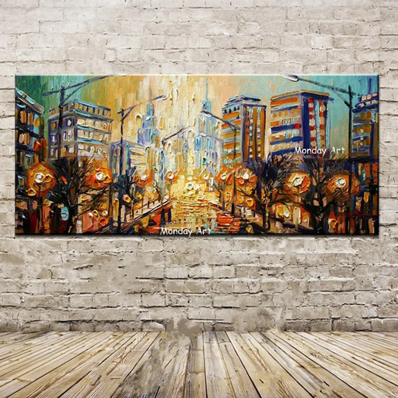 Home-Decor-Wall-Art-Large-Colorful-Canvas-Night-City-Street-Scenery-Pictures-Handpainted-Abstract-Knife-Landscape