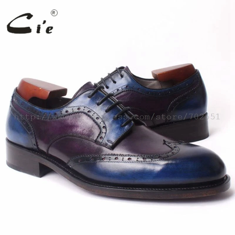 

cie Round Toe Bespoke Handmade Men's Shoe Derby Calf Leather Goodyear welted craft Brogue Shoe Color Purple and Deep Blue No.D96