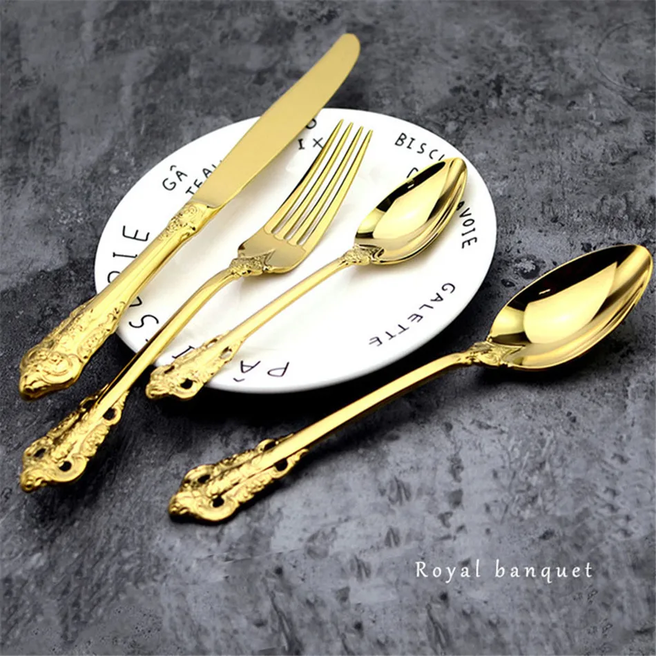 Retro Vintage Western Gold Plated Relief Cutlery Dining Knives Forks Teaspoon Set Golden Luxury Dinnerware Tableware Set 4 pcs (6)
