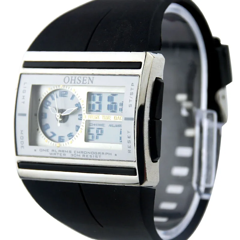 OHSEN Waterproof Men Watches Casual Sport Watch Rubber Rectangle Dial Men's Digital Quartz Watches