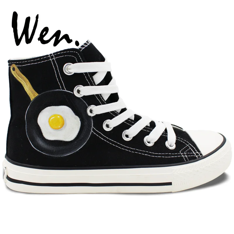 Wen Hand Painted Shoes Design Custom Poached Egg Graffiti Painting Black Canvas Sneakers High Top Lace up Plimsolls Trainer | Спорт и