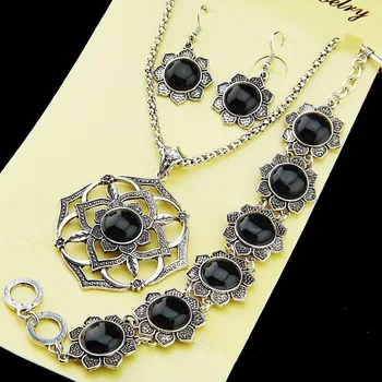 Black 3pcs Flower Turquoise Earrings Bracelet Necklace Antique Silver Vintage Jewelry Set for Women Retro A1022
Black 3pcs Flower Turquoise Earrings Bracelet Necklace Antique Silver Vintage Jewelry Set for Women Retro A1022