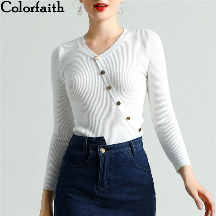 Colorfaith Women's Sweaters Autumn Winter 2019 Pullover Knitted V-Neck Long Sleeve Button Fashionable Slim Bottoming Tops SW626 
Colorfaith Women's Sweaters Autumn Winter 2019 Pullover Knitted V-Neck Long Sleeve Button Fashionable Slim Bottoming Tops SW626