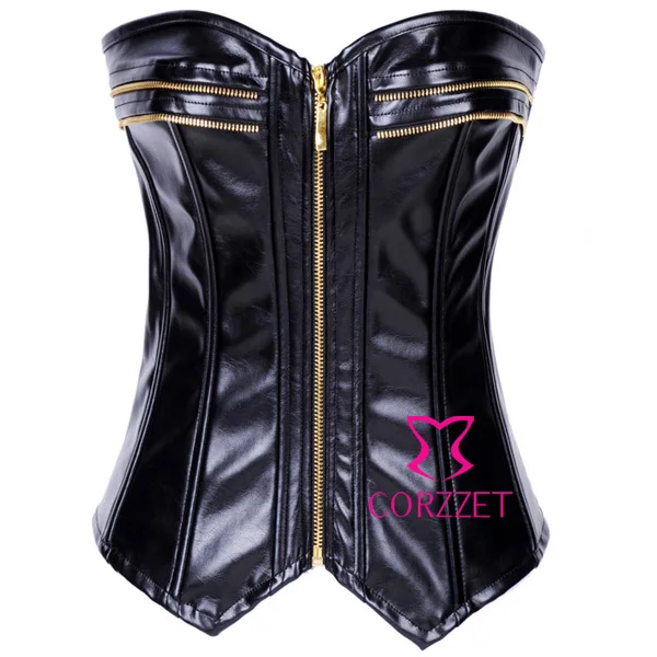 

Black Strapless Overbust Push Up Sexy Corset Leather Corpete Corselet Zipper Steampunk Corsets And Bustiers Women Bralet Top