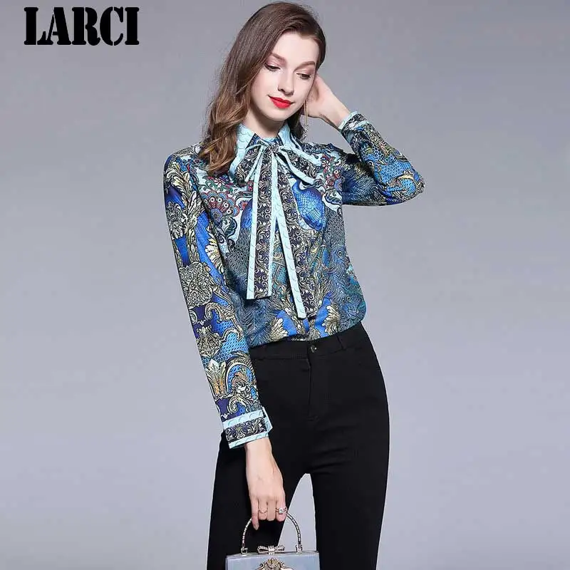 LARCI Runway Designer Women Shirt Blusas 2018 Summer Print Location Peacock Tie Bowknot Turn Down Collar Ladies Blouse N1704 |