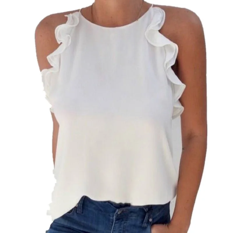 Summer Women's Tops Chiffon O Neck Sleeveless Ruffles Solid Business Ladies Shirt
Summer Women's Tops Chiffon O Neck Sleeveless Ruffles Solid Business Ladies Shirt