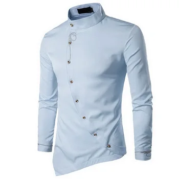 

LASPERAL 2018 Slim Fit Fashion Male Shirt Long Sleeve Mens Clothes Oblique Button Dress Shirts Mandarin Collar Men Tuxedo Shirts