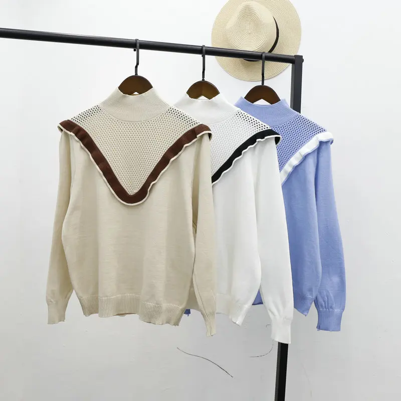 Turtleneck Sweater Woman Fashion 2019 Spring Sweet Mesh Hollow Ruffle Color Block Sweaters Basic Knitted Tops White Blue Apricot | Женская