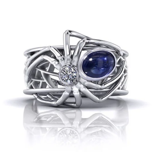 Модное кольцо с пауком в стиле панк женские инкрустированные синим камнем