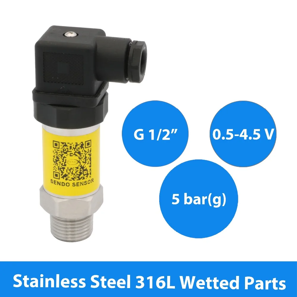 0.5V to 4.5V diffuse silicon pressure sensor transducer, 5V supply, 5 bar gauge, G1 2 connection, ss 316L diaphragm wetted parts
0.5V to 4.5V diffuse silicon pressure sensor transducer, 5V supply, 5 bar gauge, G1 2 connection, ss 316L diaphragm wetted parts