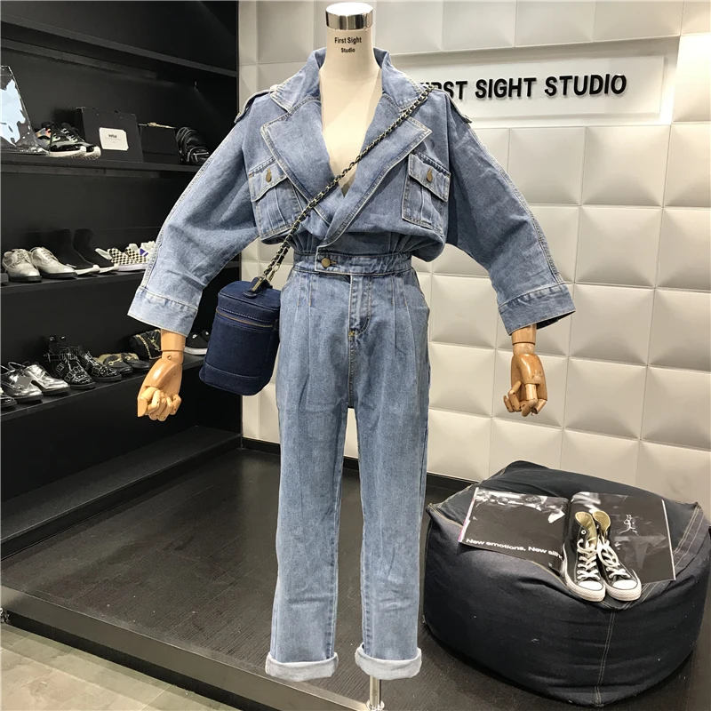 Женские джинсовые комбинезоны винтажные мешковатые брюки с отворотами синие для