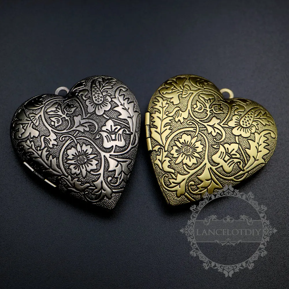 

40mm vintage style antiqued silver,bronze flower engraved heart shape photo locket pendant charm DIY supplies 1131054