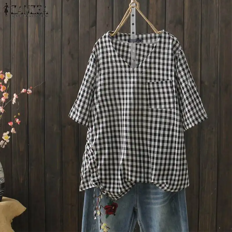 S 5XL ZANZEA Summer Short Sleeve Shirts 2019 Women Check Chic Tunic Tops Vintage Plaid Party Loose Blouse Famele Chemise Blusas
S 5XL ZANZEA Summer Short Sleeve Shirts 2019 Women Check Chic Tunic Tops Vintage Plaid Party Loose Blouse Famele Chemise Blusas