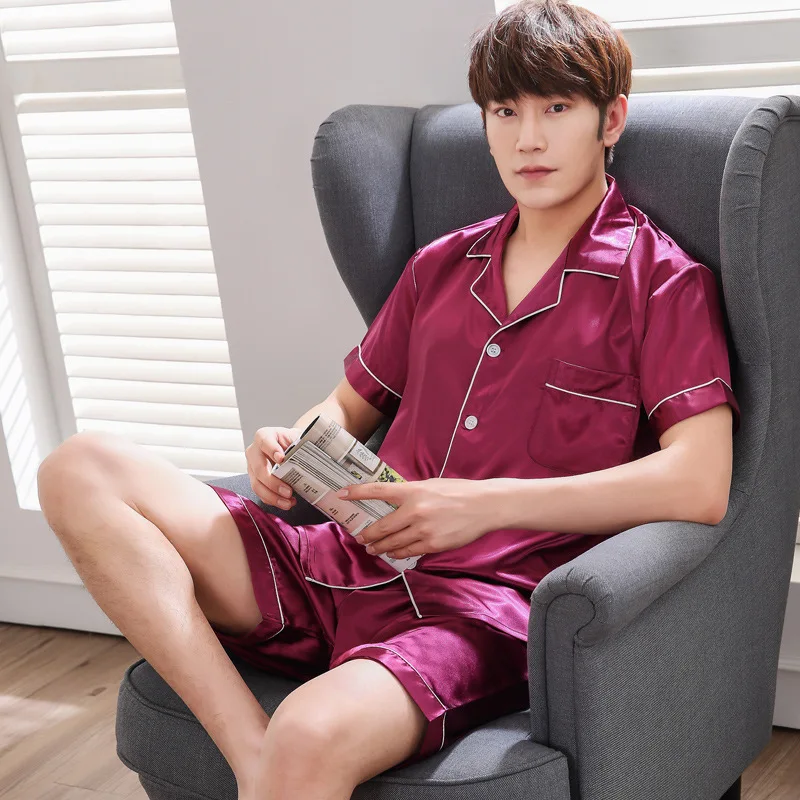 BZEL Silk Satin Pajamas Sets Short Sleeve + Short Pants Sleepwear Summer Male Pijama Turn-down Collar Sleep Lounge Pyjamas L-3XL 
BZEL Silk Satin Pajamas Sets Short Sleeve + Short Pants Sleepwear Summer Male Pijama Turn-down Collar Sleep Lounge Pyjamas L-3XL