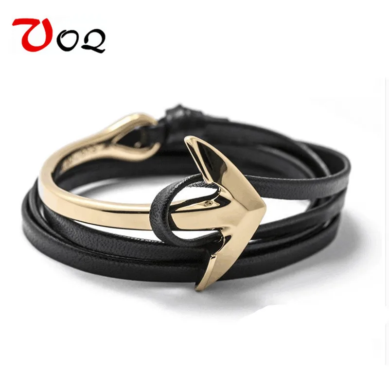 Image 2016 New Arrival Fashion Half Bend Gold Plated Anchor Bracelet Jewelry 76cm PU Leather Bracelet Men Free Shipping