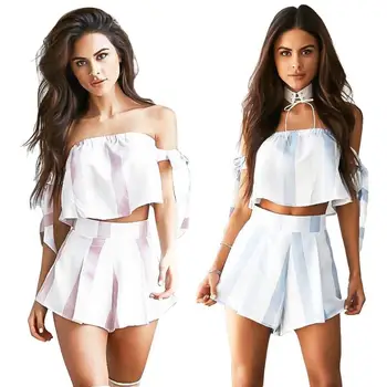2pcs/set Splicing Stripe Women Off Shoulder Sleeveless Bowknot Backless Tops + Wide-legged Shorts
2pcs/set Splicing Stripe Women Off Shoulder Sleeveless Bowknot Backless Tops + Wide-legged Shorts