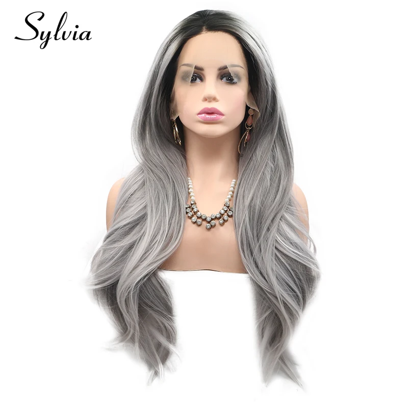 Sylvia серый Ombre естественная волна синтетические волосы на кружеве Искусственные
