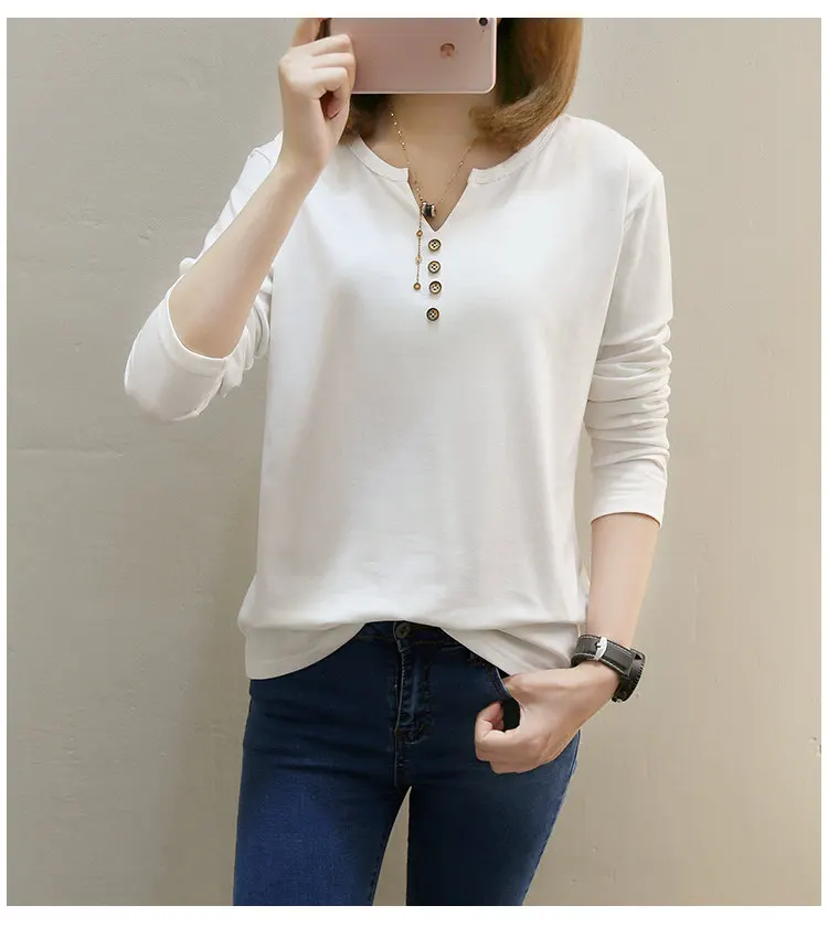 New Womens Tops Tees 2019 Autumn Large Size Tshirt Femme Casual V-neck Long Sleeve Cotton T-shirt Poleras Mujer Tshirts Female (2)