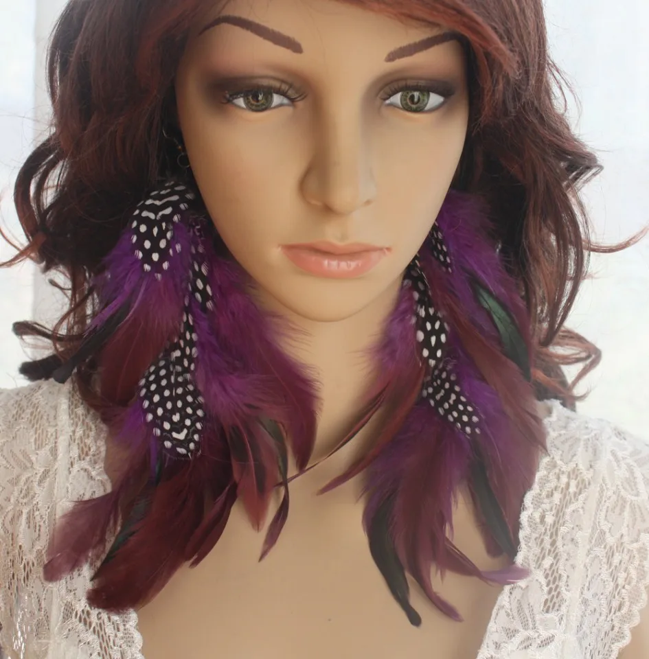 49a1 5 цепи фиолетовый Натуральных Перьев Серьги 1 пара|natural feather earrings|feather earringspurple