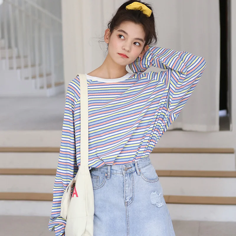 Harajuku Sweet Style Striped Long Sleeve Tshirt Tops Women Autumn Korean Fashion Large Size Loose T-shirt Schoolgirl Clothing 
Harajuku Sweet Style Striped Long Sleeve Tshirt Tops Women Autumn Korean Fashion Large Size Loose T-shirt Schoolgirl Clothing
