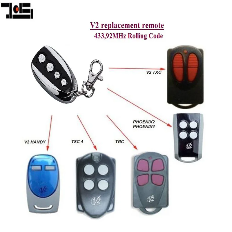 For V2 PHOENIX 2, 4, V2 TSC2, TSC4, V2 TRC2, TRC4, TXC2, TXC4, HANDY2, HANDY4 433.92 MHz Rolling Code replacement remote
For V2 PHOENIX 2, 4, V2 TSC2, TSC4, V2 TRC2, TRC4, TXC2, TXC4, HANDY2, HANDY4 433.92 MHz Rolling Code replacement remote