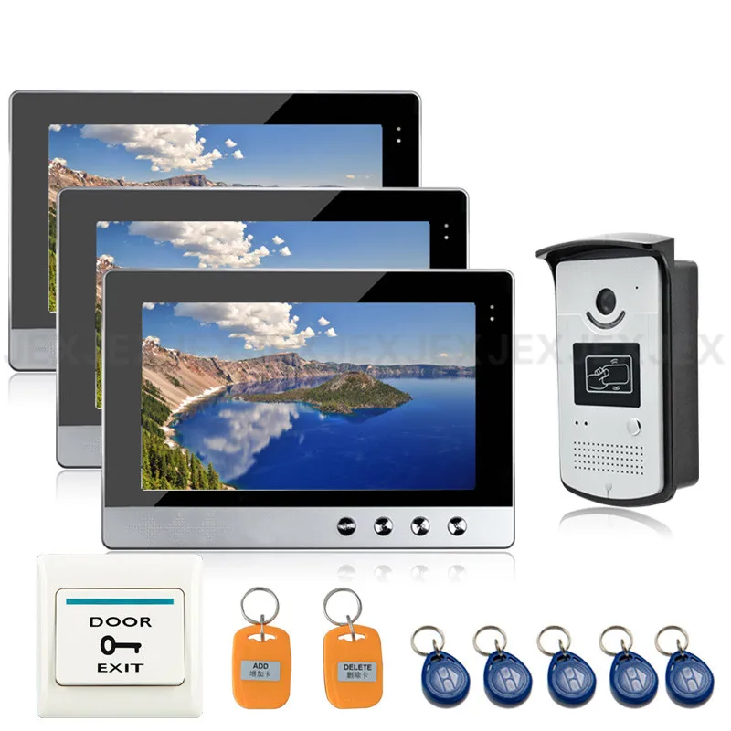 

JEX 10`` color LCD video doorbell doorphone speaker intercom system kit 3 monitor + RFID access control COMS Camera In stock 1V3