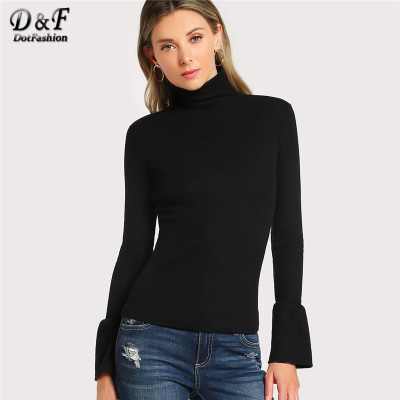 

Dotfashion Black Bell Cuff Rib Knit Fitted Tee Women Casual Autumn Clothes 2019 Fashion Tops Elegant Slim Fit High Neck T-Shirt