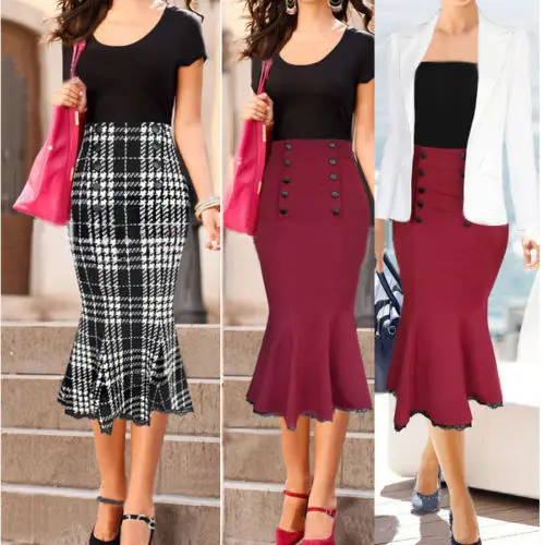 Women's Vintage Pinup Elegant High Waist Slim Party Wear To Work Mermaid Pencil Fitted Bodycon Midi Skirt | Женская одежда