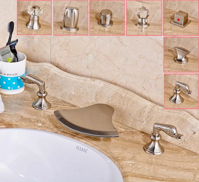 Countertop Widespread 3pcs Bathroom Sink Faucet Deck Mounted Waterfall Spout Double Handles Mixer Tap 
Countertop Widespread 3pcs Bathroom Sink Faucet Deck Mounted Waterfall Spout Double Handles Mixer Tap