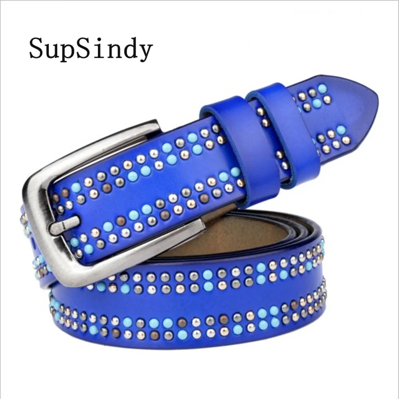 

SupSindy New Women Leather Belt Punk luxury Color Rivets Pin Buckle Female Waistband Black Leather Belts for women high quality