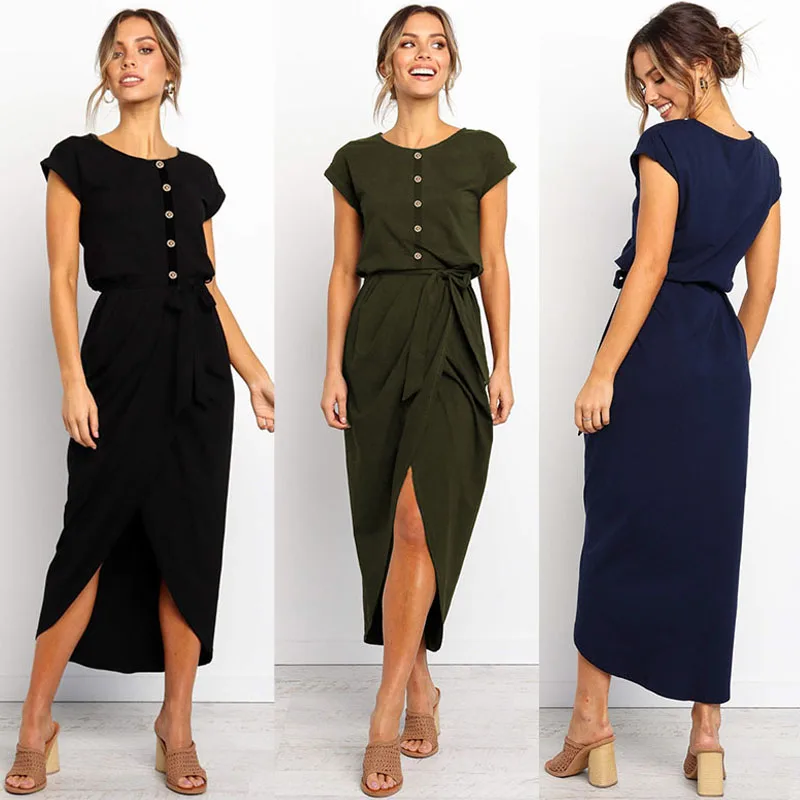 New Fashion Women Long Dress Solid Color O Neck Short Sleeve Split Button Slim Ladies Midi Dress Women Casual Summer Dress 2019
New Fashion Women Long Dress Solid Color O Neck Short Sleeve Split Button Slim Ladies Midi Dress Women Casual Summer Dress 2019