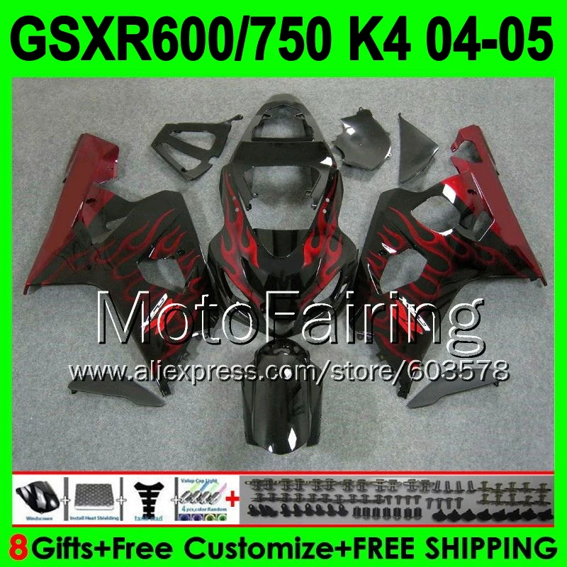 

8gifts Red flames+Cowl For SUZUKI 2004 2005 GSXR600 GSXR-600 GSXR 600 Q35312 GSX-R600 K4 GSX R600 04 05 Fairings Red black Kit