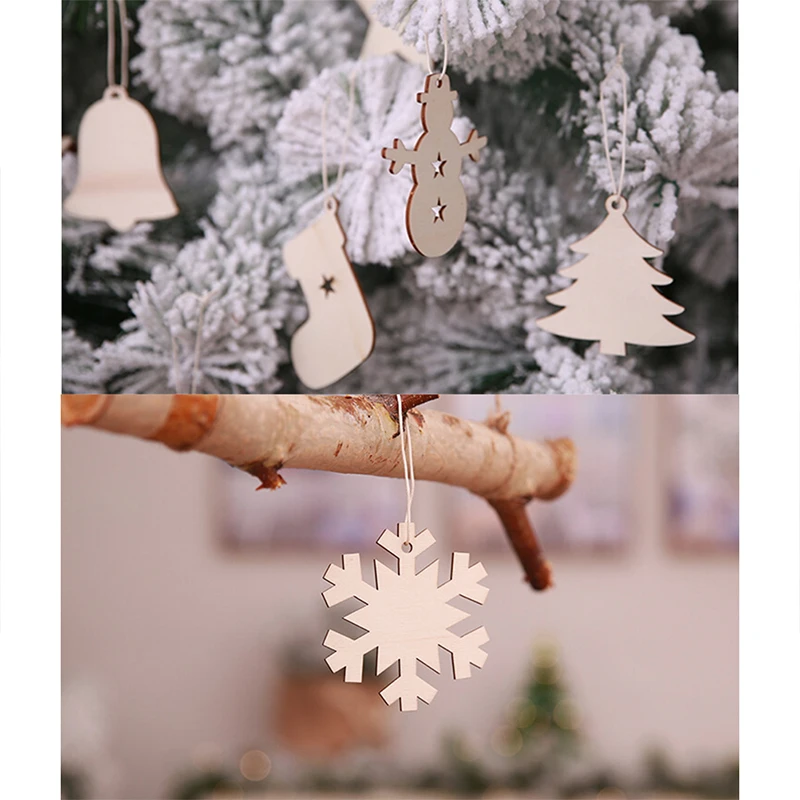 10pcs Christmas Santa Snowflake Deer Bell Wooden Gift Tags Craft Tree Decoration