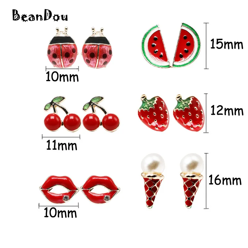 1pair fashion ear studs earrings pendientes ladybug lips icecream cherry watermelon strawberry oil drip red lovely fruite brinco2