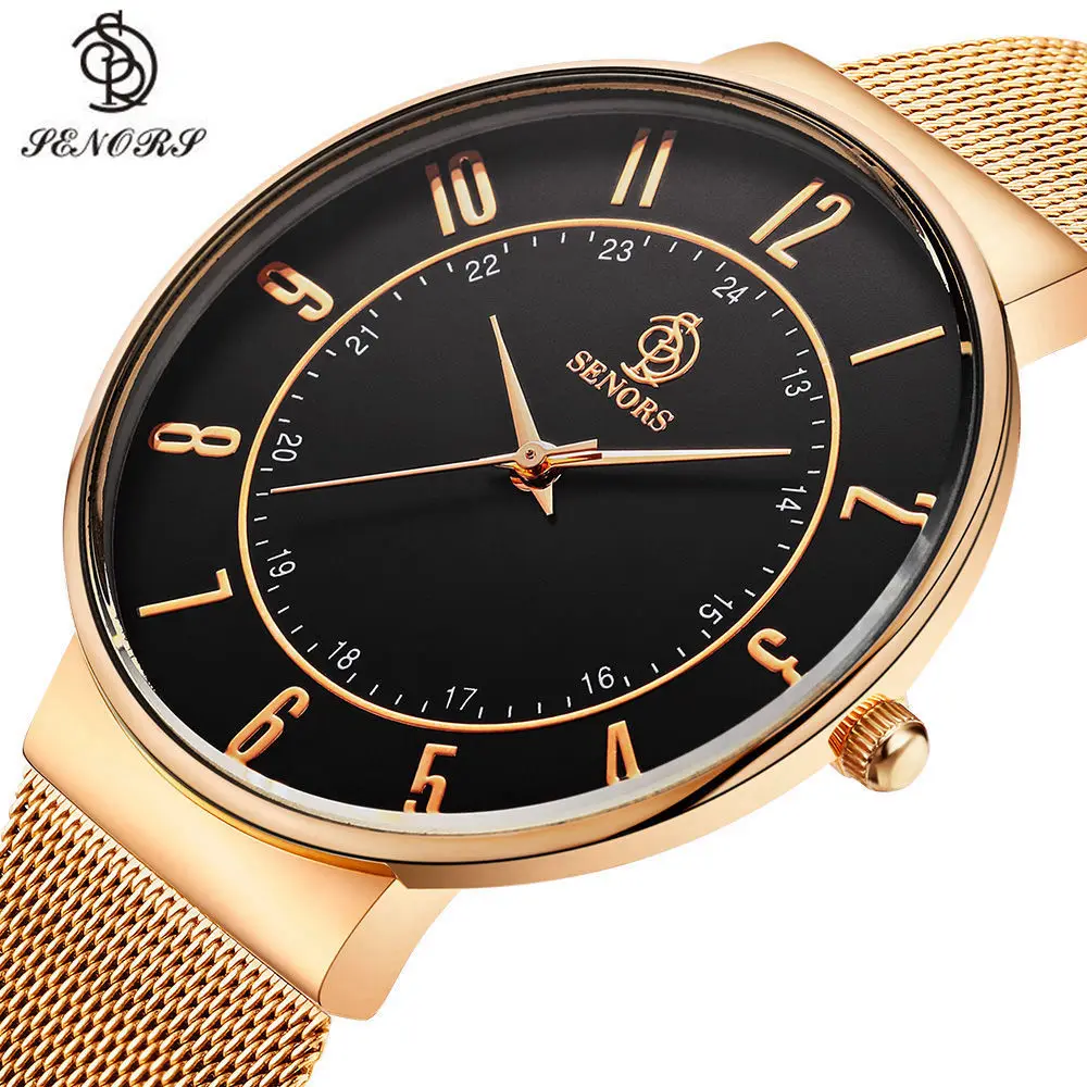 

SENORS Male Rose Gold Watch Men Fashion Ultra Thin Steel Ribbon Lovers Quartz Watch Women's Wrist Watches Men Clock Ladies