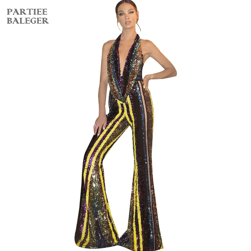 2019 Hot New Arrival Elegant Multi Striped Sequins Embellished Mesh Splicing Sexy Halter V Neck Celebrity Evening Party Jumpsuit
2019 Hot New Arrival Elegant Multi Striped Sequins Embellished Mesh Splicing Sexy Halter V Neck Celebrity Evening Party Jumpsuit