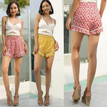 

2019 New Women Summer Floewr Shorts Foral Stylish High Waist Shorts Lace Beachwear Trousers