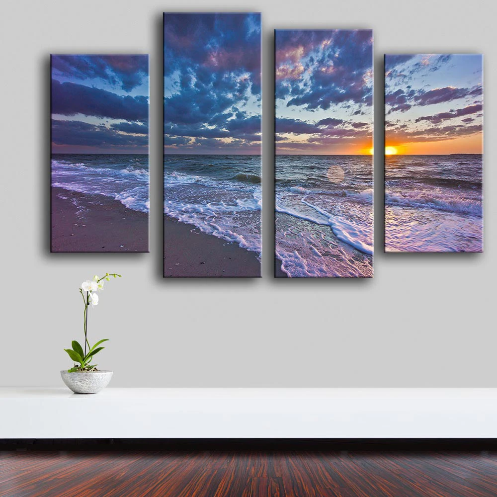 Печать картина маслом настенная живопись 4 шт./компл. sunset_sea_waves_coast_landscape Настенная