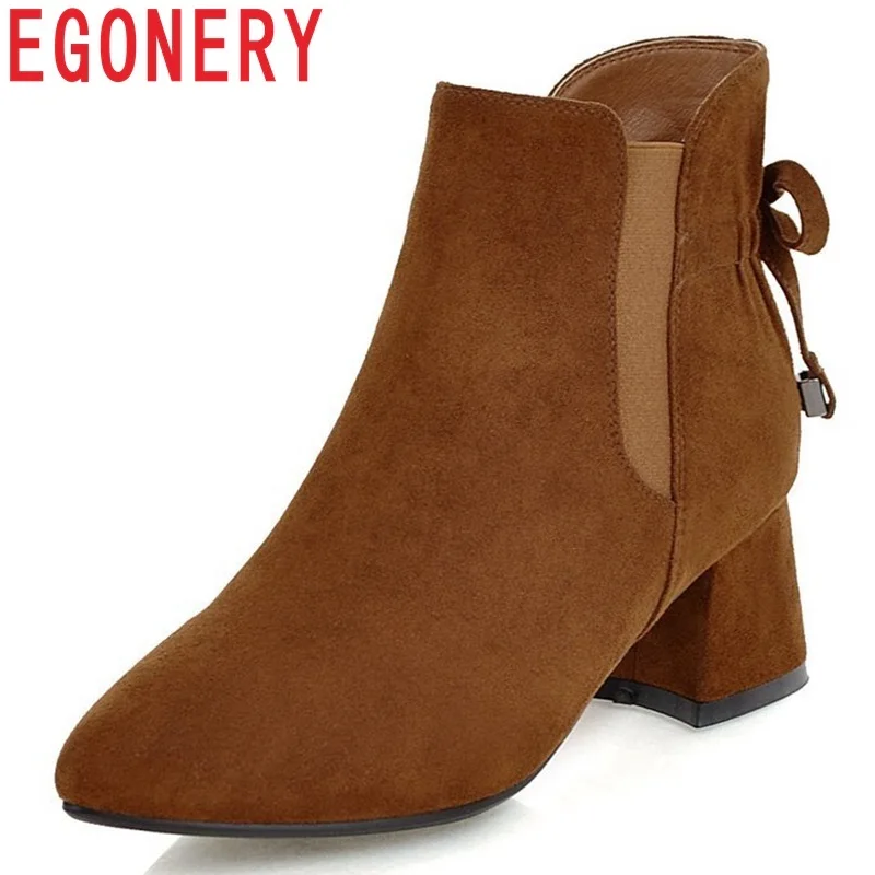 

EGONERY women shoes 2018 new fashion sexy pointed toe med hoof heels elastic band cow suede butterfly-knot solid ankle boots