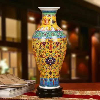 

Jingdezhen ceramic Chinese Antique Enamel Color Porcelain Huang Fu Shou Vase Fashion Furnishings Decoration ceramic floor vases