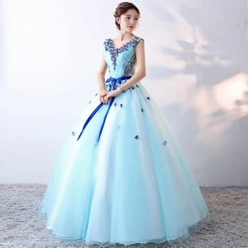 

100%real carnival 3d flower light blue court medieval dress renaissance Gown queen Victorian /Marie/ Belle Ball/ball gown