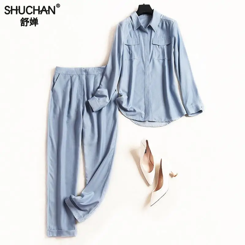 Shuchan Casual 2 Piece Set Women Blouse+ Ankle-length Pants Blue Single Breasted Turn-down Collar Conjunto Feminino 2019 50240
Shuchan Casual 2 Piece Set Women Blouse+ Ankle-length Pants Blue Single Breasted Turn-down Collar Conjunto Feminino 2019 50240
