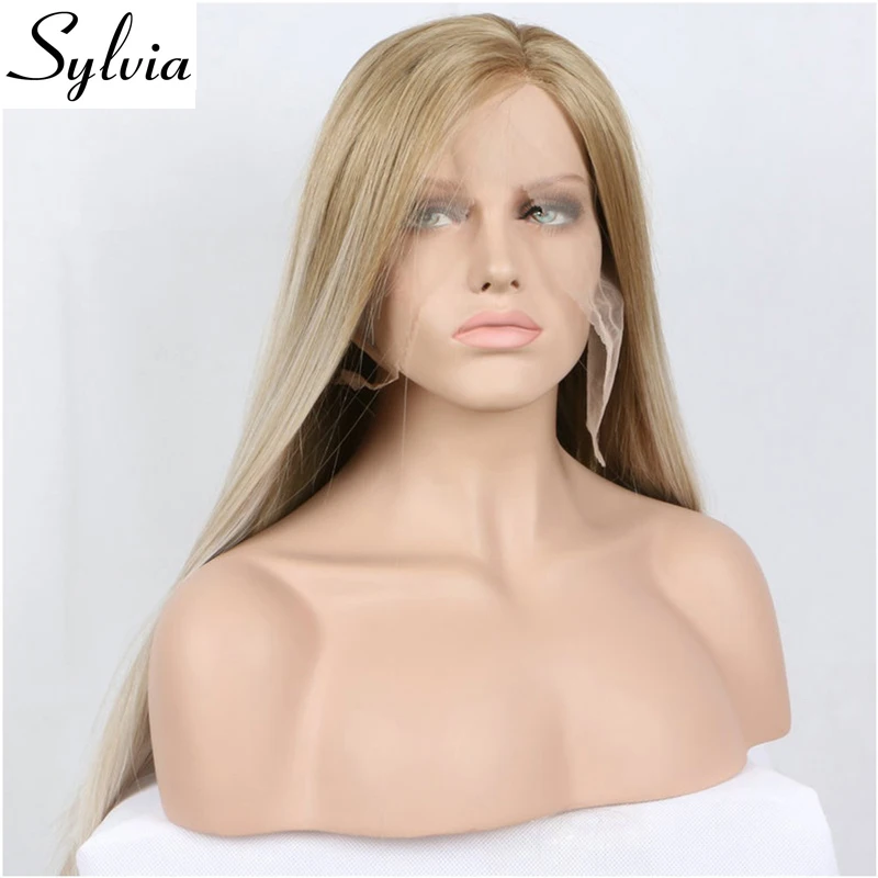 

Sylvia Brown to Blonde Ombre Silky Straight Synthetic Lace Front Wig Natural Brown Long Heat Resistant Fiber Hair Middle Parting
