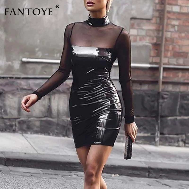 Fantoye Black Mesh PU Leather Patchwork Mini Dress Sexy Turtleneck Long Sleeve Bodycon Dress See Through Night Club Party Dress
Fantoye Black Mesh PU Leather Patchwork Mini Dress Sexy Turtleneck Long Sleeve Bodycon Dress See Through Night Club Party Dress