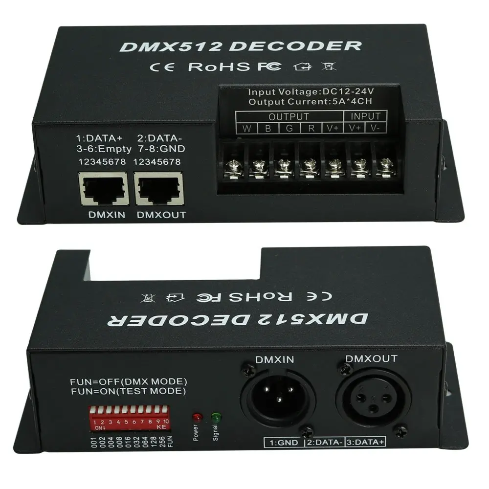 DMX 512 LED Decoder Controller for RGBW LED Strip Light Dimmer Driver DC12-24V 5A/CH (4 Channel) ST171
DMX 512 LED Decoder Controller for RGBW LED Strip Light Dimmer Driver DC12-24V 5A/CH (4 Channel) ST171