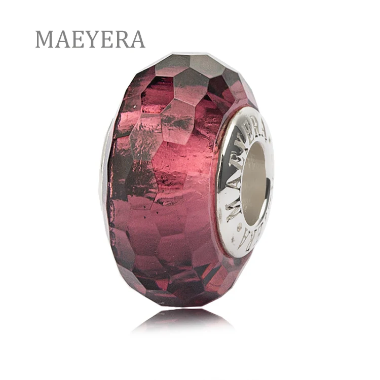 

MAEYERA 925 Silver Purple Glossy Silver Foil Facet Beads Murano Glass Beads Fit European Charm Bracelet DIY Jewery