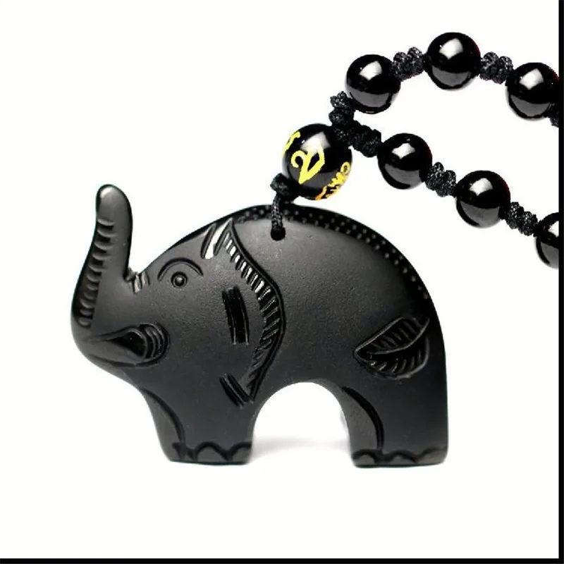 

Drop Shipping Natural Black Obsidian Carved Auspicious Cute Elephant Amulet Lucky Pendant Necklace Fashion Jewelry Healing Gift