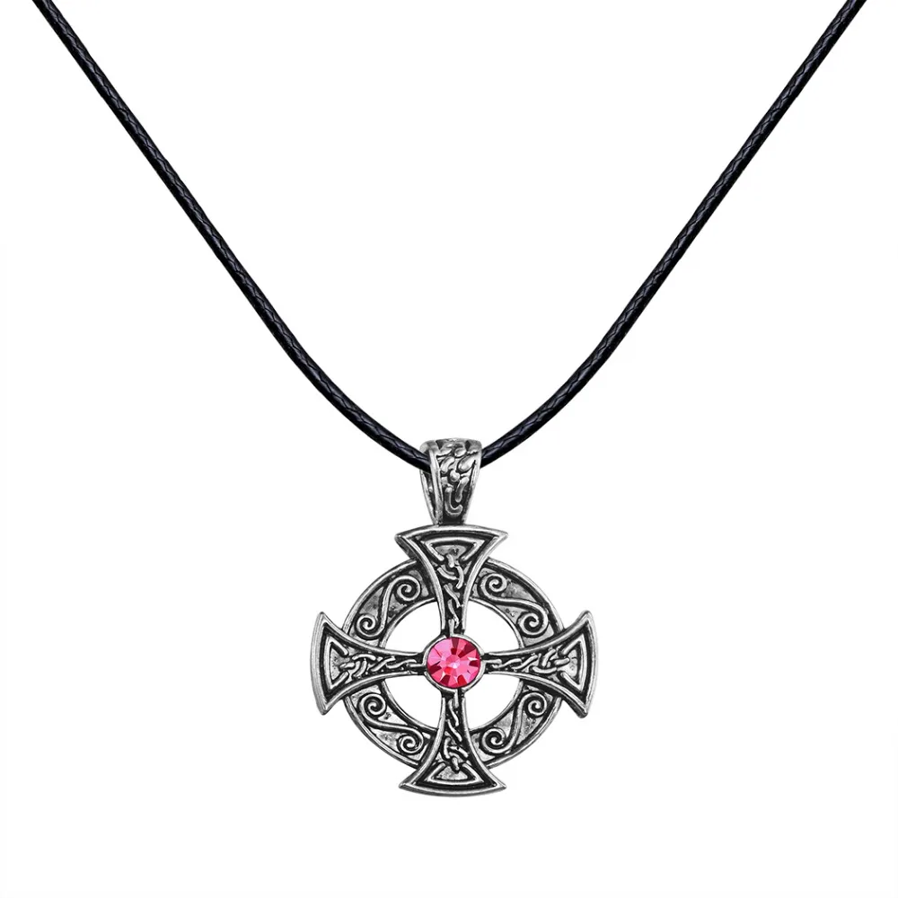 Unique Antique Silver Punk Celtic Sun Solar Red Crystal Cross Round Flower Pendant Rope Necklace Christmas Gift for Men Women