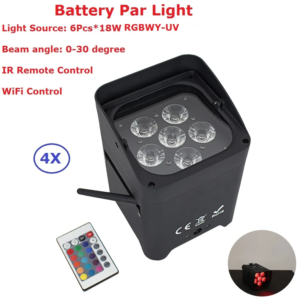 4Pcs/Lot 6X18W DMX Wireless Battery Powered LED Par Light RGBWY-UV 6IN1 Color Led Wash Light DJ Lights Uplights WIFI Control
4Pcs/Lot 6X18W DMX Wireless Battery Powered LED Par Light RGBWY-UV 6IN1 Color Led Wash Light DJ Lights Uplights WIFI Control