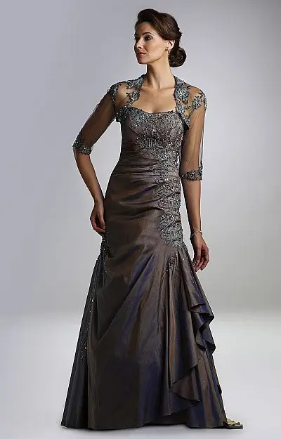 Elegant Brown Taffeta Mother Of The Bride Dresses With Jacket Sheer Half Sleeve Lace Appliques Beaded Evening Party Gowns
Elegant Brown Taffeta Mother Of The Bride Dresses With Jacket Sheer Half Sleeve Lace Appliques Beaded Evening Party Gowns